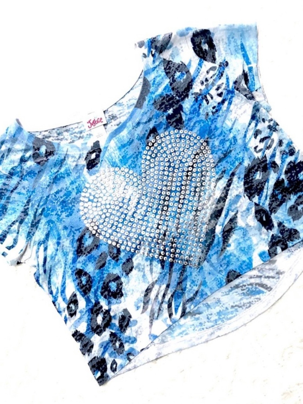 Justice Girls Heart Bling Animal Print Crop Top Blue Black Size 10 EUC